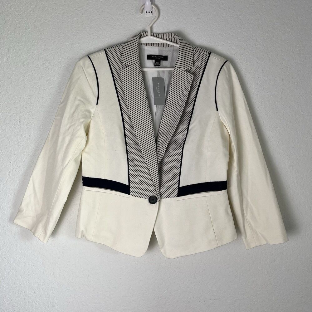 ANN TAYLOR LOFT Womens Blazer Size 4 Cream Navy Nautical Preppy Classic Minimal